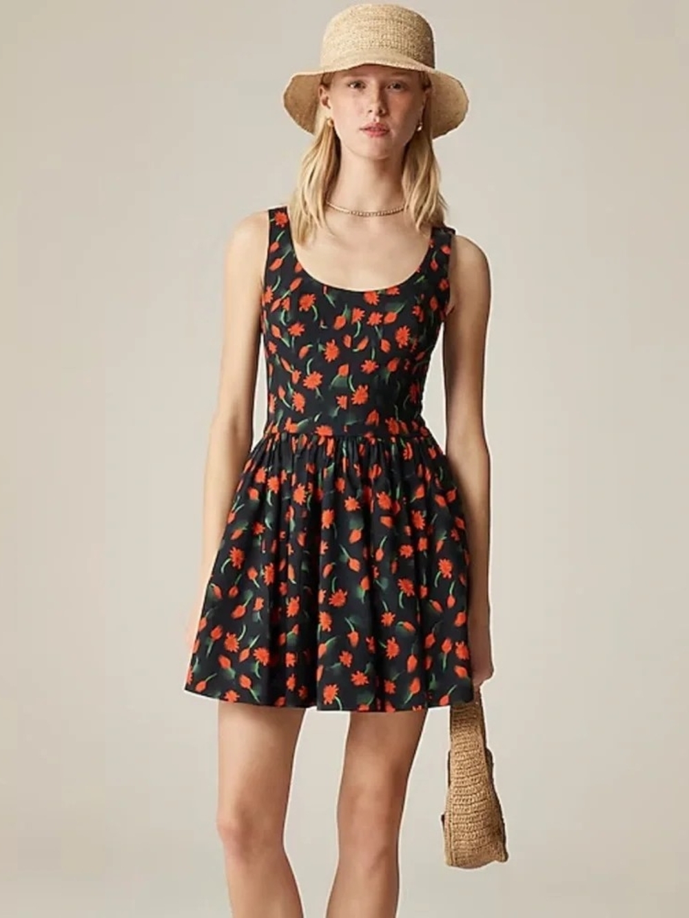 J. Crew Black Mini Dress with Red Floral Print